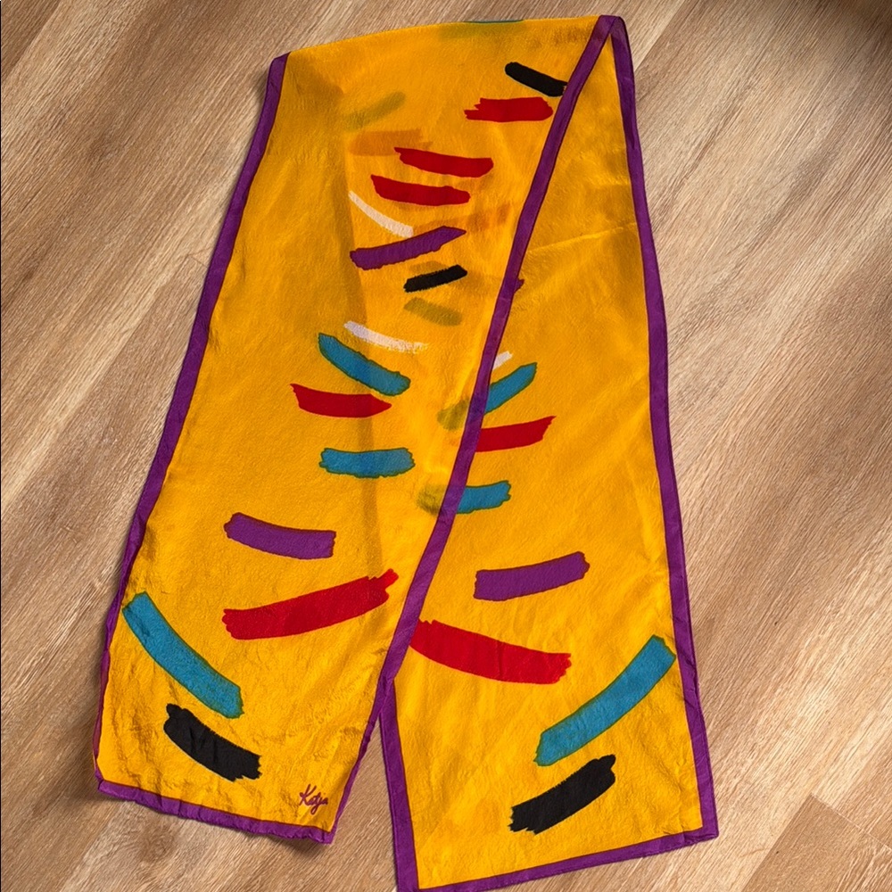Vintage Yellow Scarf with Multicolor Accents